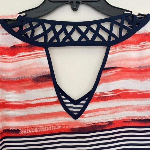 IZ Byer Top Women's Medium Coral Navy White V-Neck Back Cutout 3/4 Sleeve Sz. M - Picture 3 of 5